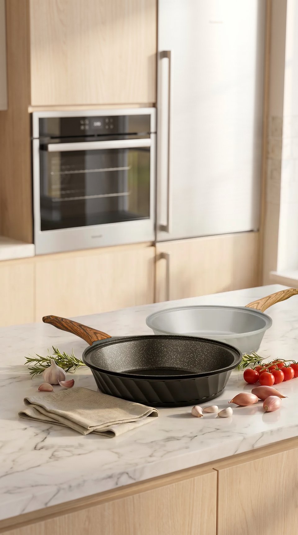 Zwei RESADE Keramikpfannen, eine in Schwarz und eine in Weiß-Grau, auf einer hellen Marmorarbeitsplatte, daneben Knoblauch, Rosmarin, Kirschtomaten und ein Leinentuch