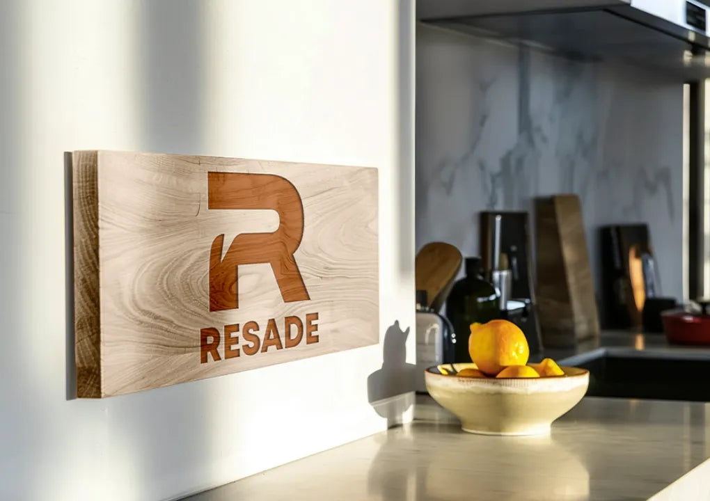Holzschild mit dem RESADE-Logo an einer hellen Küchenwand